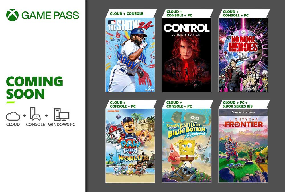 xbox-게임패스-2024년-3월-1차-추가-게임-MLB더쇼24-컨트롤-얼티밋에디션-노모어히어로즈3-포패트롤퍼피구조대월드-네모바지스폰지밥-라이트이어프론티어